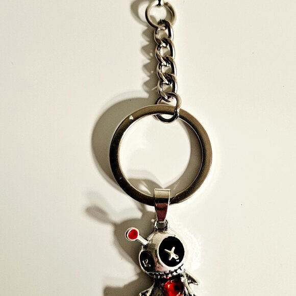 Gothic Voodoo Doll Keychain Cute Red Heart Charm Silver Metal Horror Gift - Picture 1 of 4